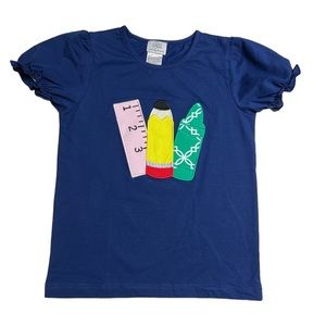 Sweet Magnolia Smocks puff sleeve appliqué first day school navy cotton top sz 7